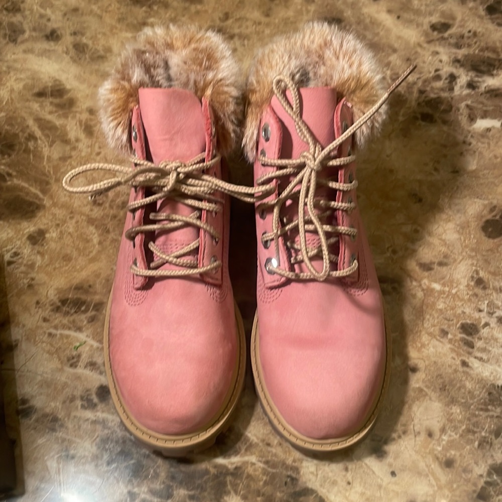Pink faux fur timberlands